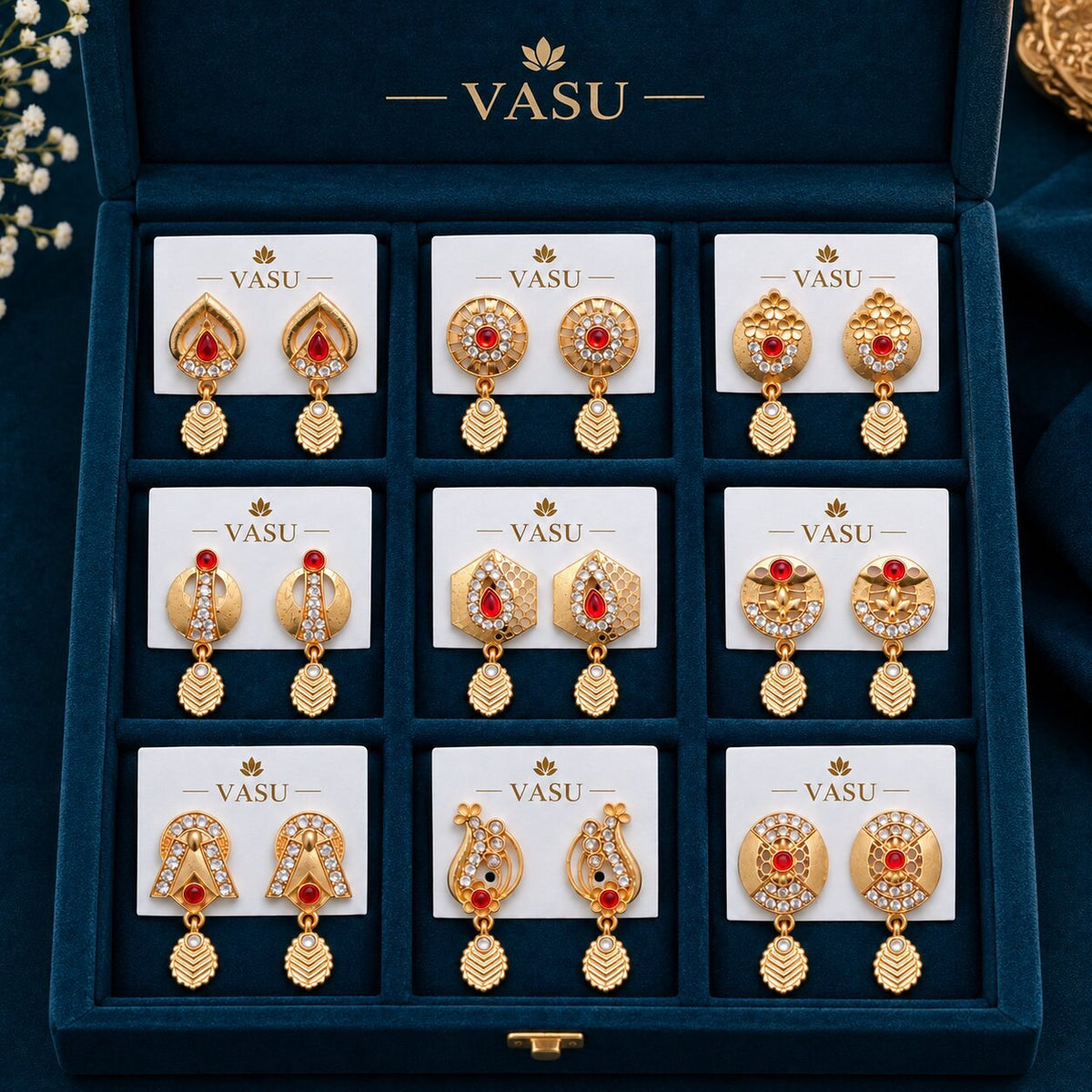 Designer Gold-Plated Red Stone & CZ Drop Earrings – 9 Pair Collection