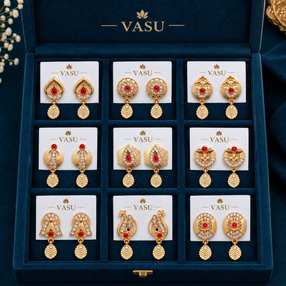 Designer Gold-Plated Red Stone & CZ Drop Earrings – 9 Pair Collection