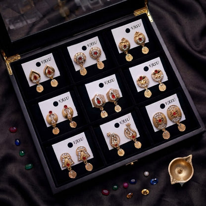 Designer Gold-Plated Red Stone & CZ Drop Earrings – 9 Pair Collection