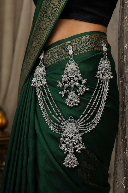 Traditional Oxidized Silver Kamarbandh with Green Stone & Antique Charms
