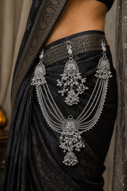Traditional Oxidized Silver Kamarbandh with Green Stone & Antique Charms