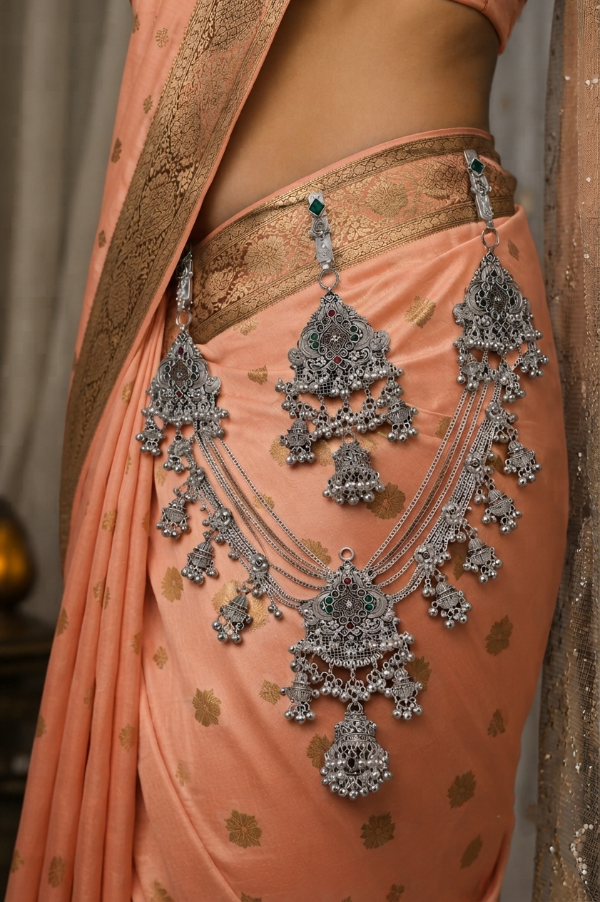 Traditional Oxidised Silver Multilayer Kamarbandh with Green & Red Stone Detailing