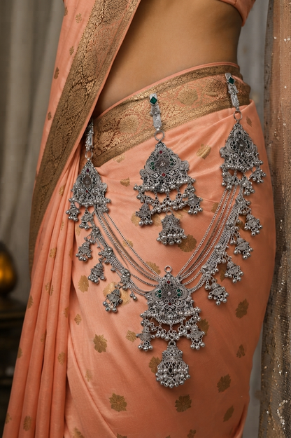 Traditional Oxidised Silver Multilayer Kamarbandh with Green & Red Stone Detailing