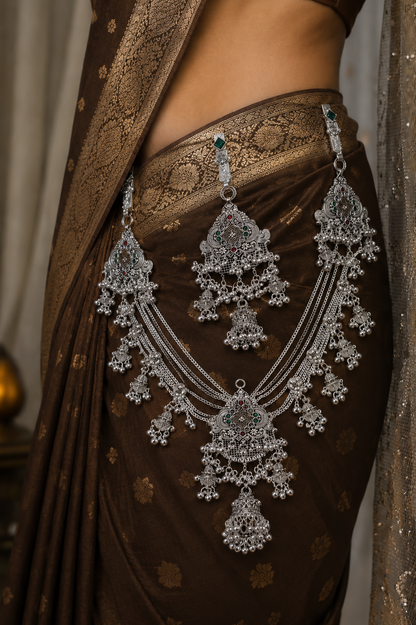 Traditional Oxidised Silver Multilayer Kamarbandh with Green & Red Stone Detailing