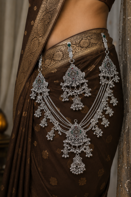 Traditional Oxidised Silver Multilayer Kamarbandh with Green & Red Stone Detailing