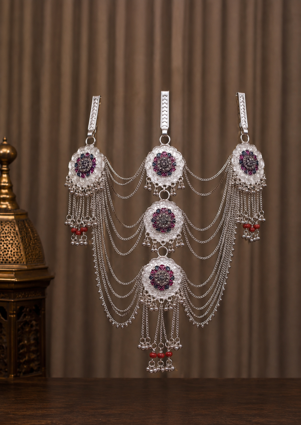 raditional Silver-Tone Multilayer Kamarbandh with Floral Motif & Red Bead Detailing