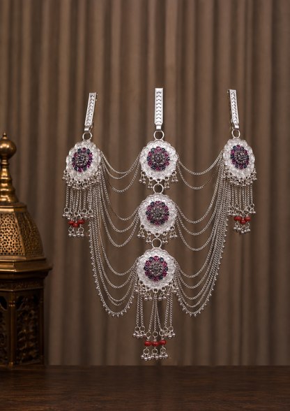 raditional Silver-Tone Multilayer Kamarbandh with Floral Motif & Red Bead Detailing