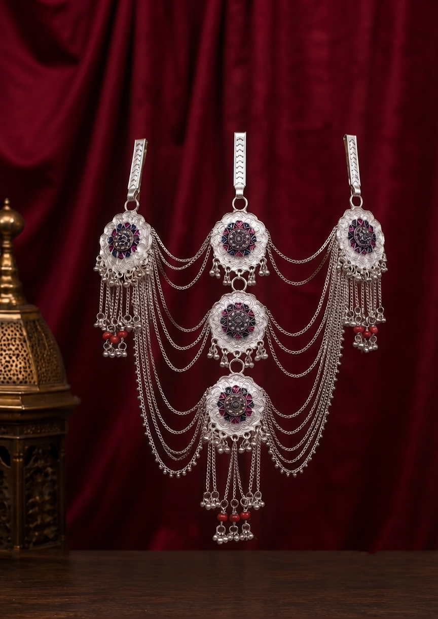 raditional Silver-Tone Multilayer Kamarbandh with Floral Motif & Red Bead Detailing