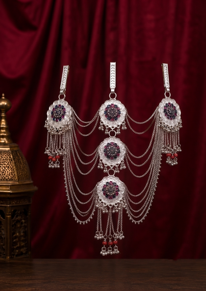 raditional Silver-Tone Multilayer Kamarbandh with Floral Motif & Red Bead Detailing