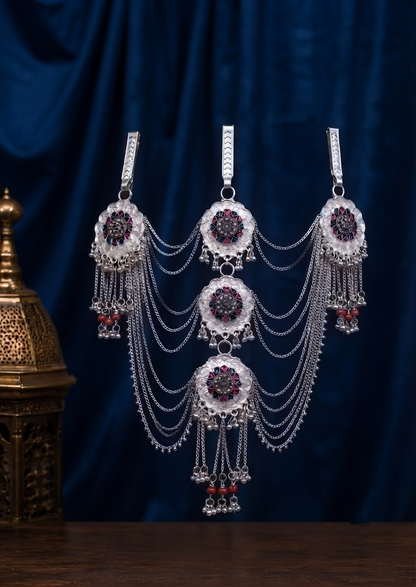 raditional Silver-Tone Multilayer Kamarbandh with Floral Motif & Red Bead Detailing