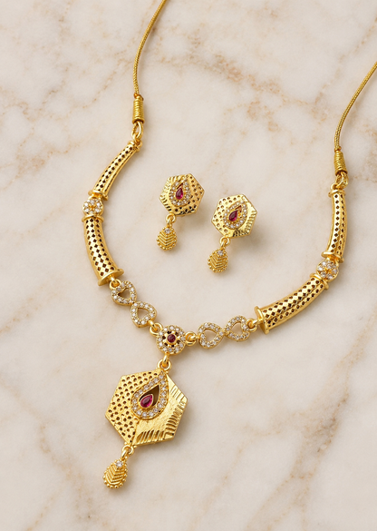 Royal Gold-Plated Kundan-Inspired Necklace & Earring Set with Red Stone Detailing