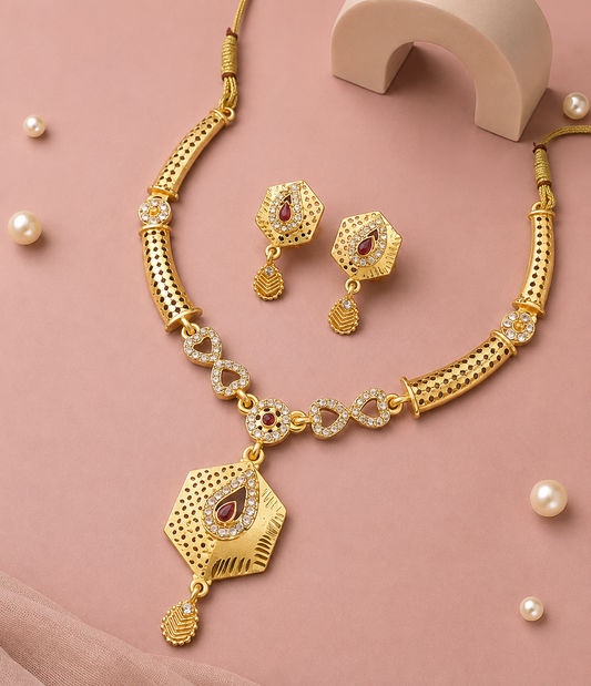 Royal Gold-Plated Kundan-Inspired Necklace & Earring Set with Red Stone Detailing