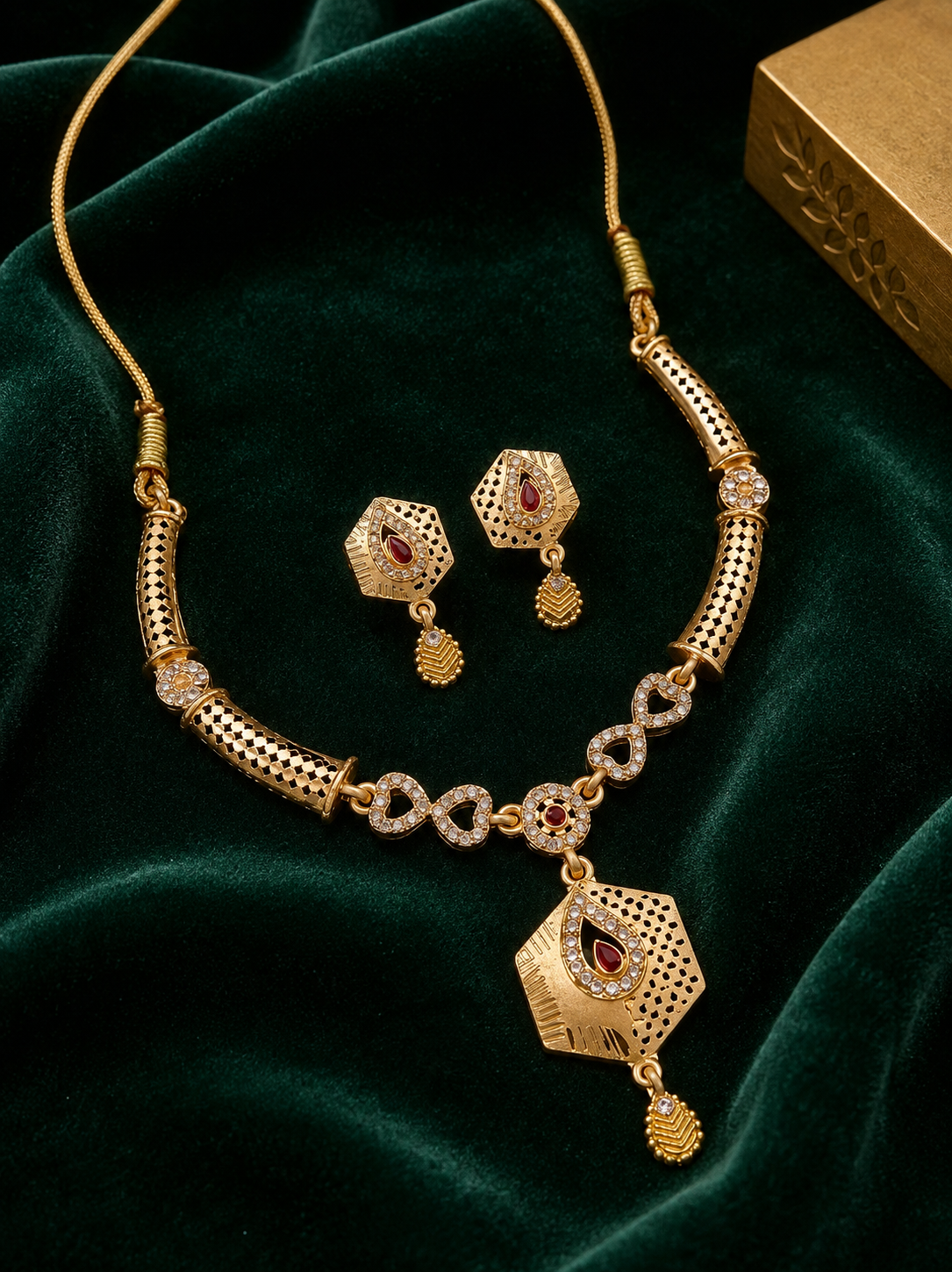 Royal Gold-Plated Kundan-Inspired Necklace & Earring Set with Red Stone Detailing