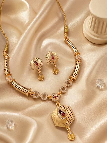 Royal Gold-Plated Kundan-Inspired Necklace & Earring Set with Red Stone Detailing