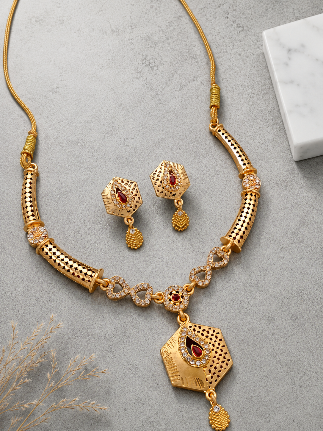Royal Gold-Plated Kundan-Inspired Necklace & Earring Set with Red Stone Detailing
