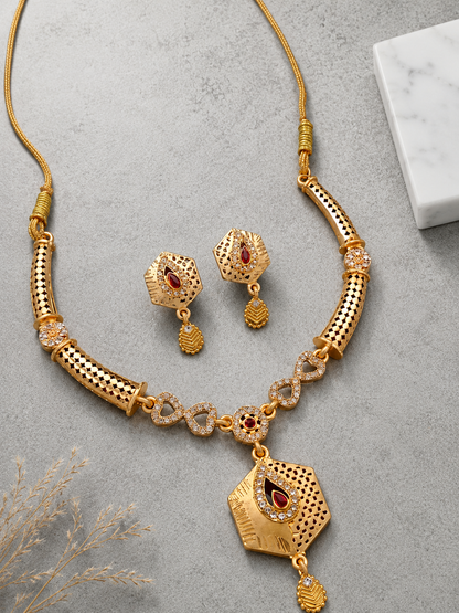 Royal Gold-Plated Kundan-Inspired Necklace & Earring Set with Red Stone Detailing