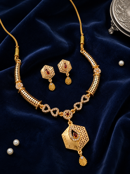 Royal Gold-Plated Kundan-Inspired Necklace & Earring Set with Red Stone Detailing