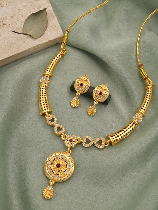 Royal Gold-Plated Floral Ruby Necklace & Earrings Set
