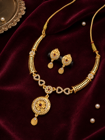 Royal Gold-Plated Floral Ruby Necklace & Earrings Set
