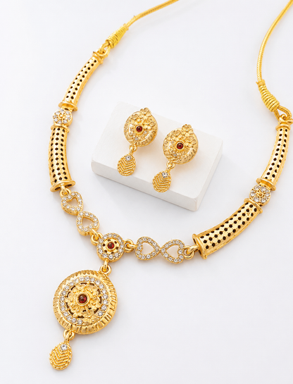 Royal Gold-Plated Floral Ruby Necklace & Earrings Set