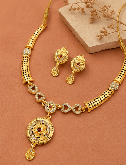 Royal Gold-Plated Floral Ruby Necklace & Earrings Set