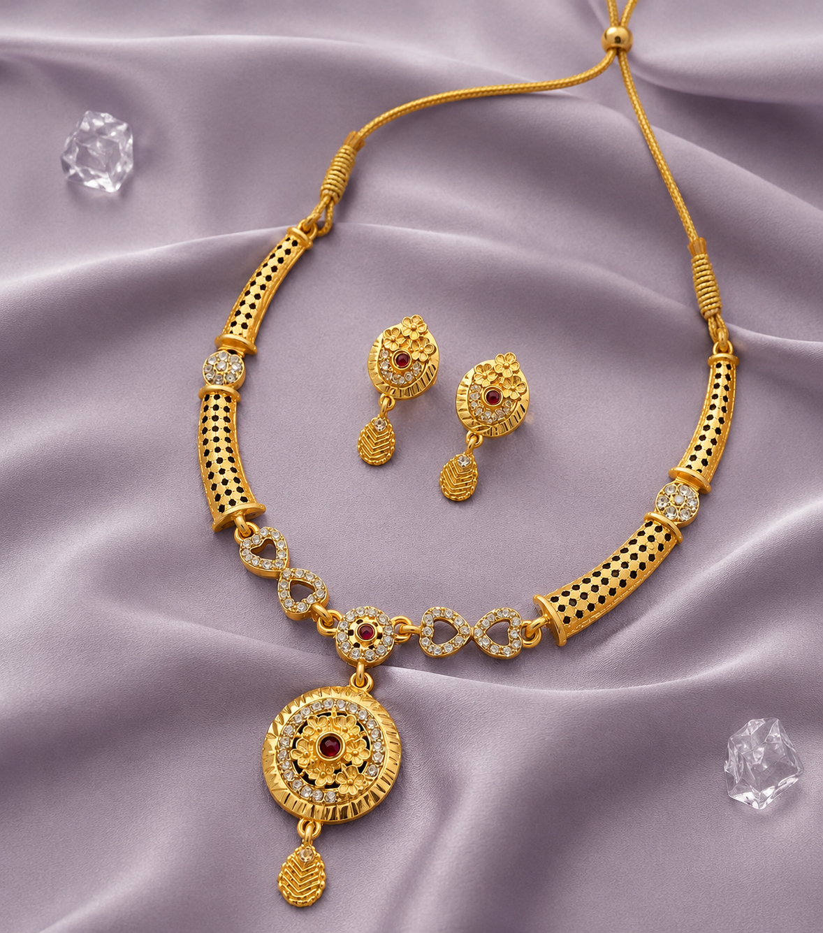 Royal Gold-Plated Floral Ruby Necklace & Earrings Set