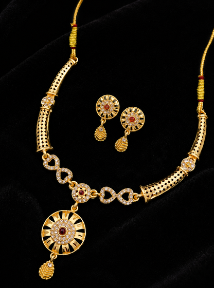 Elegant Gold-Plated Ruby Stone Necklace & Matching Drop Earrings Set