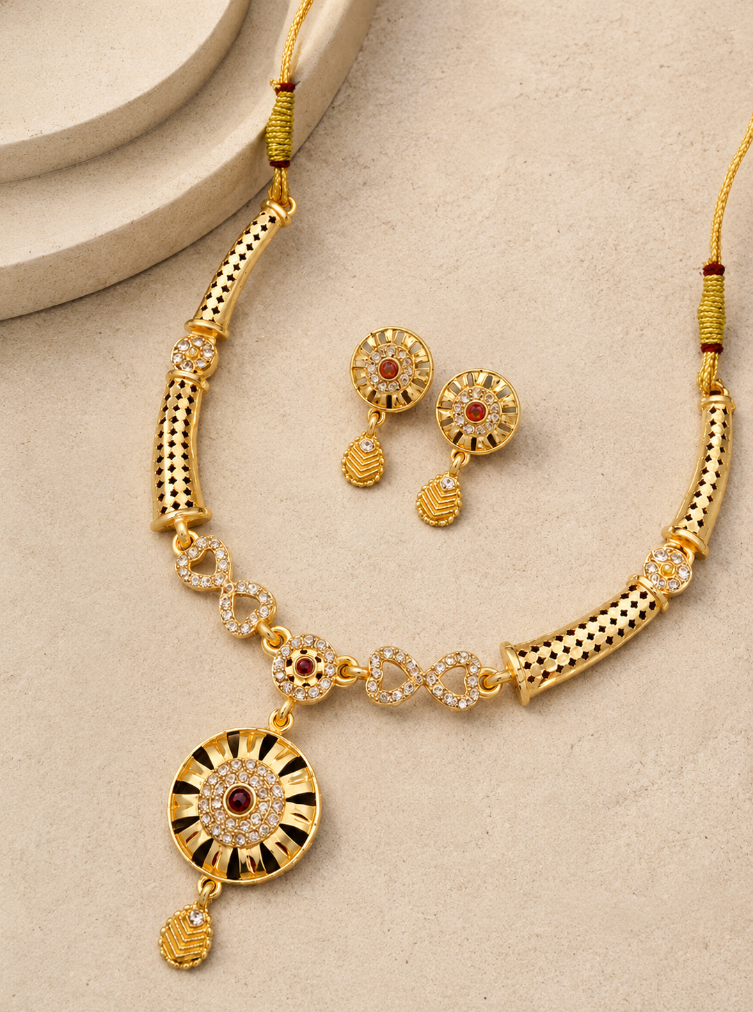 Elegant Gold-Plated Ruby Stone Necklace & Matching Drop Earrings Set