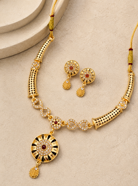 Elegant Gold-Plated Ruby Stone Necklace & Matching Drop Earrings Set