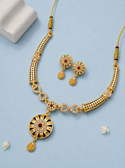 Elegant Gold-Plated Ruby Stone Necklace & Matching Drop Earrings Set