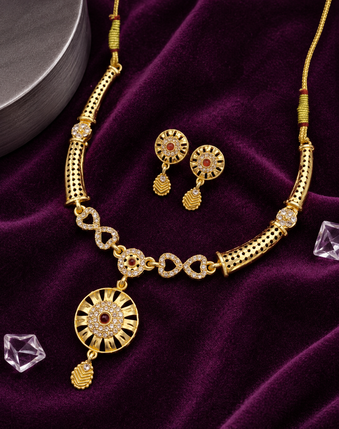 Elegant Gold-Plated Ruby Stone Necklace & Matching Drop Earrings Set