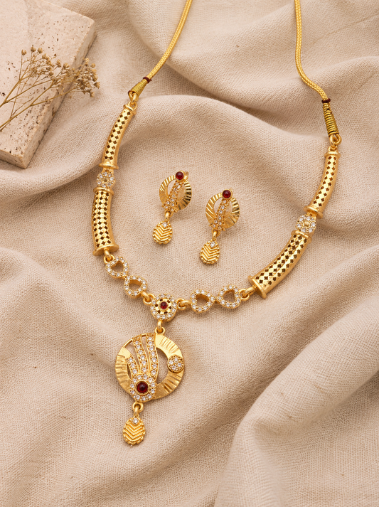 Elegant Gold-Plated CZ Necklace & Matching Earrings Set with Red Stone Accents