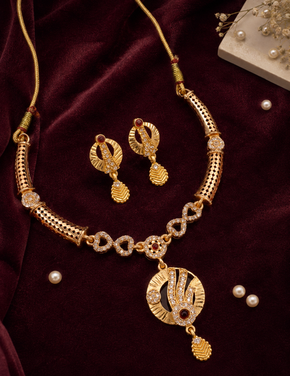 Elegant Gold-Plated CZ Necklace & Matching Earrings Set with Red Stone Accents