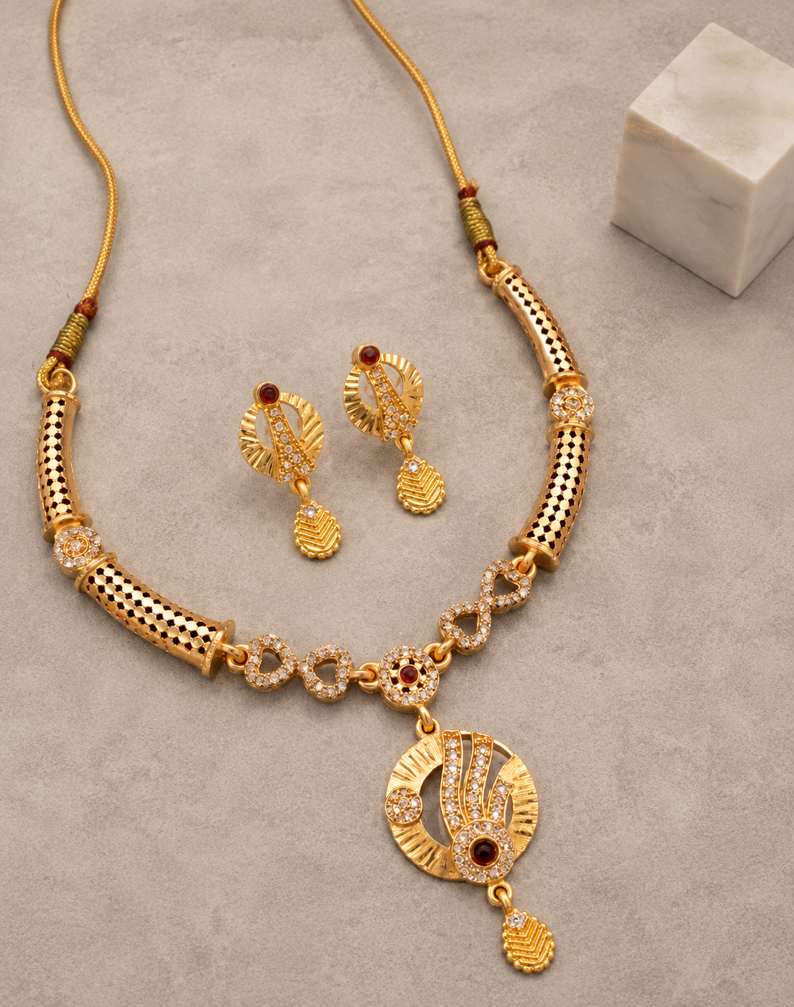 Elegant Gold-Plated CZ Necklace & Matching Earrings Set with Red Stone Accents