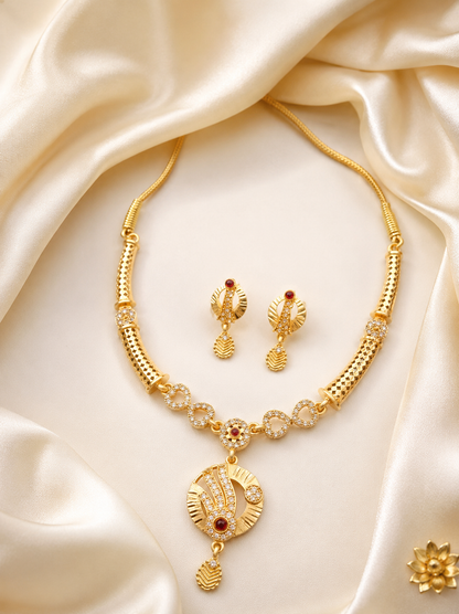 Elegant Gold-Plated CZ Necklace & Matching Earrings Set with Red Stone Accents