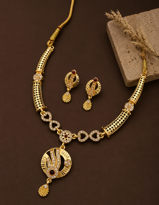 Elegant Gold-Plated CZ Necklace & Matching Earrings Set with Red Stone Accents
