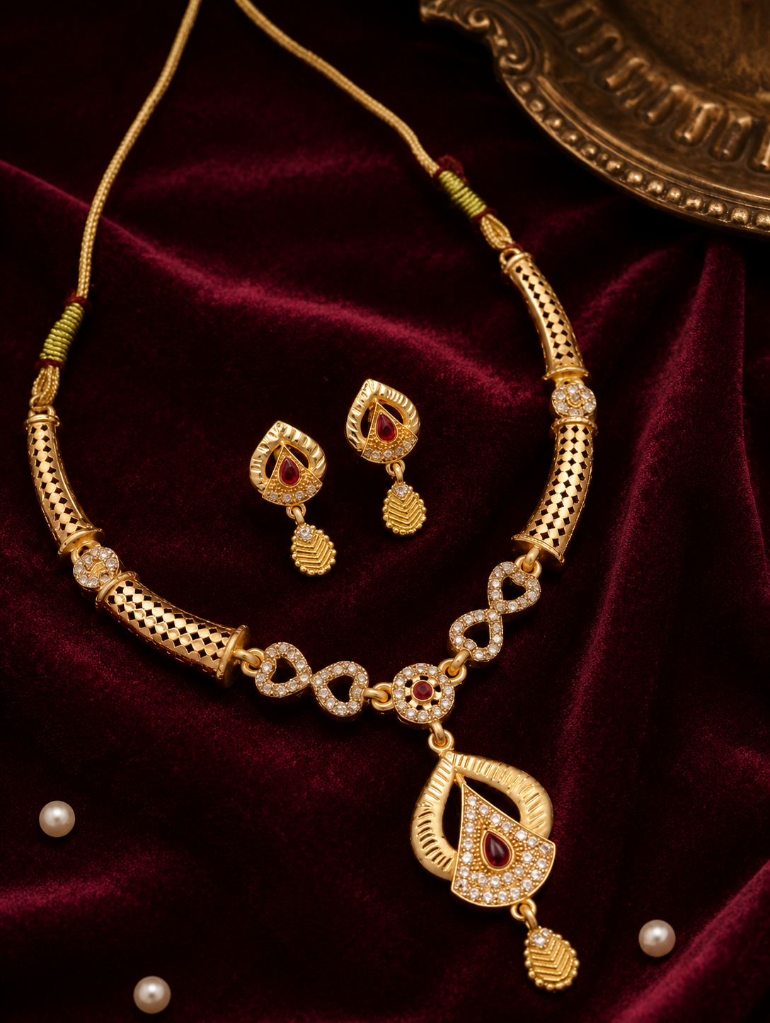 Elegant Gold-Plated CZ Necklace & Matching Earrings Set with Red Stone Accents