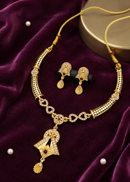 Traditional Gold-Plated CZ Necklace & Earring Set with Ruby Accents