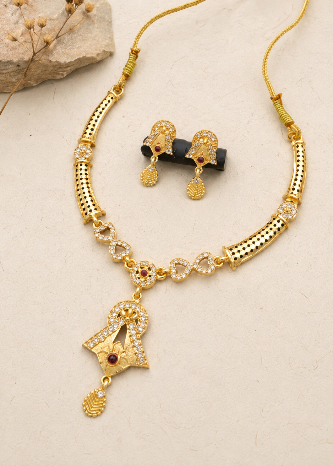 Traditional Gold-Plated CZ Necklace & Earring Set with Ruby Accents