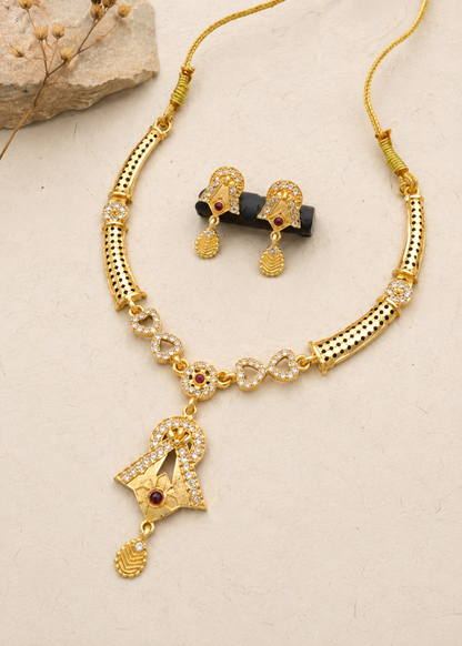 Traditional Gold-Plated CZ Necklace & Earring Set with Ruby Accents