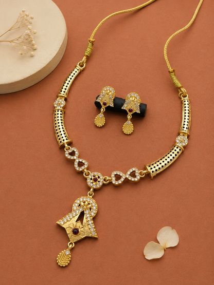 Traditional Gold-Plated CZ Necklace & Earring Set with Ruby Accents