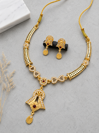 Traditional Gold-Plated CZ Necklace & Earring Set with Ruby Accents