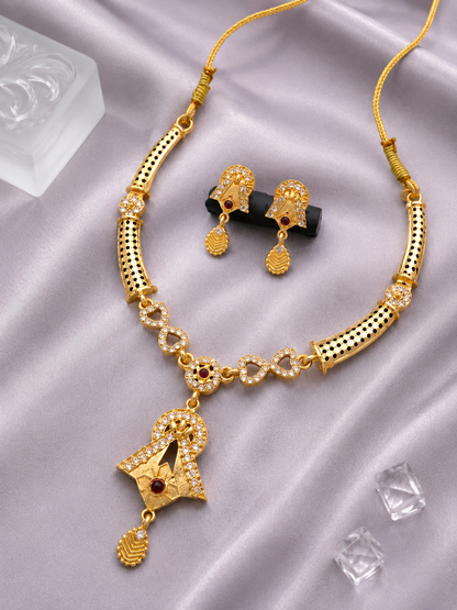 Traditional Gold-Plated CZ Necklace & Earring Set with Ruby Accents
