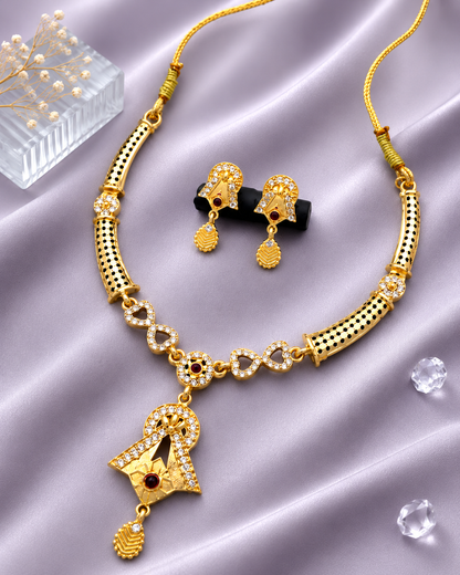 Traditional Gold-Plated CZ Necklace & Earring Set with Ruby Accents