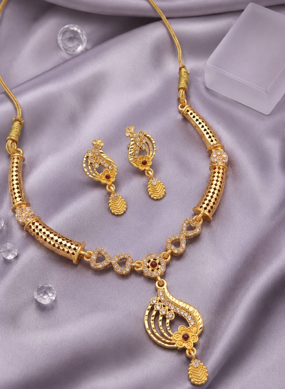 Elegant Gold-Plated CZ & Ruby-Accent Necklace Set with Matching Earrings
