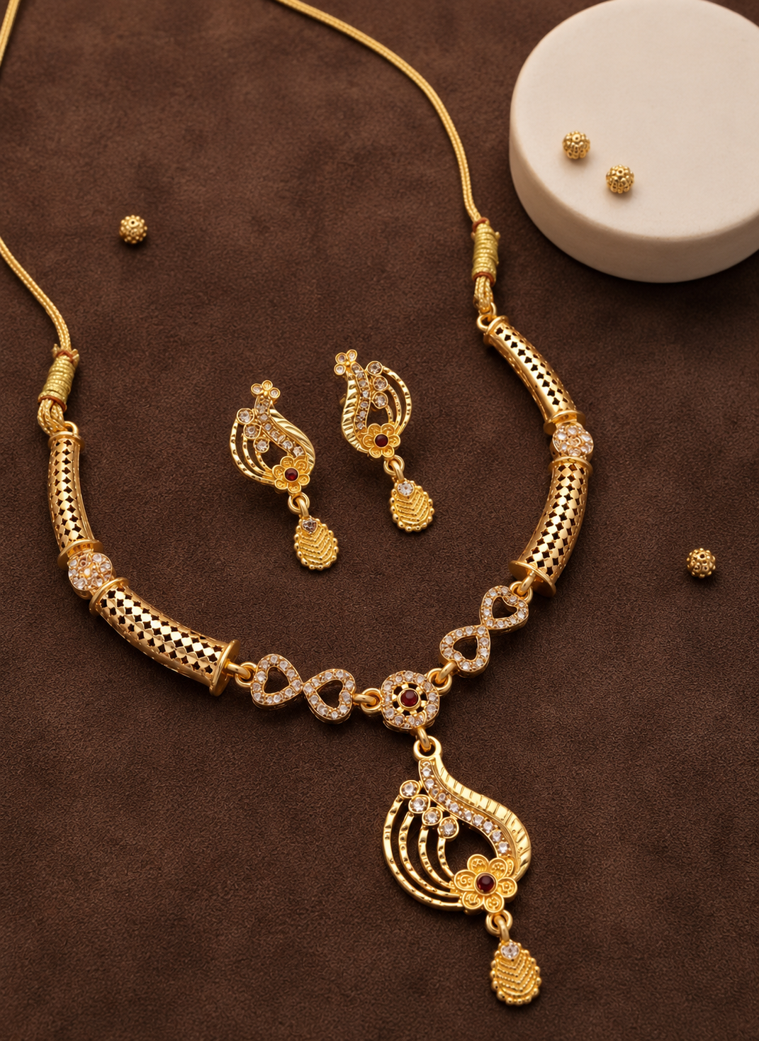 Elegant Gold-Plated CZ & Ruby-Accent Necklace Set with Matching Earrings