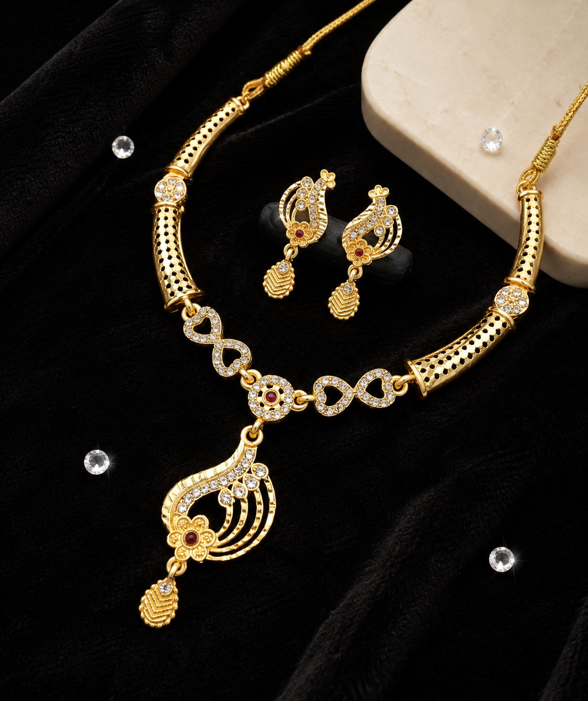 Elegant Gold-Plated CZ & Ruby-Accent Necklace Set with Matching Earrings