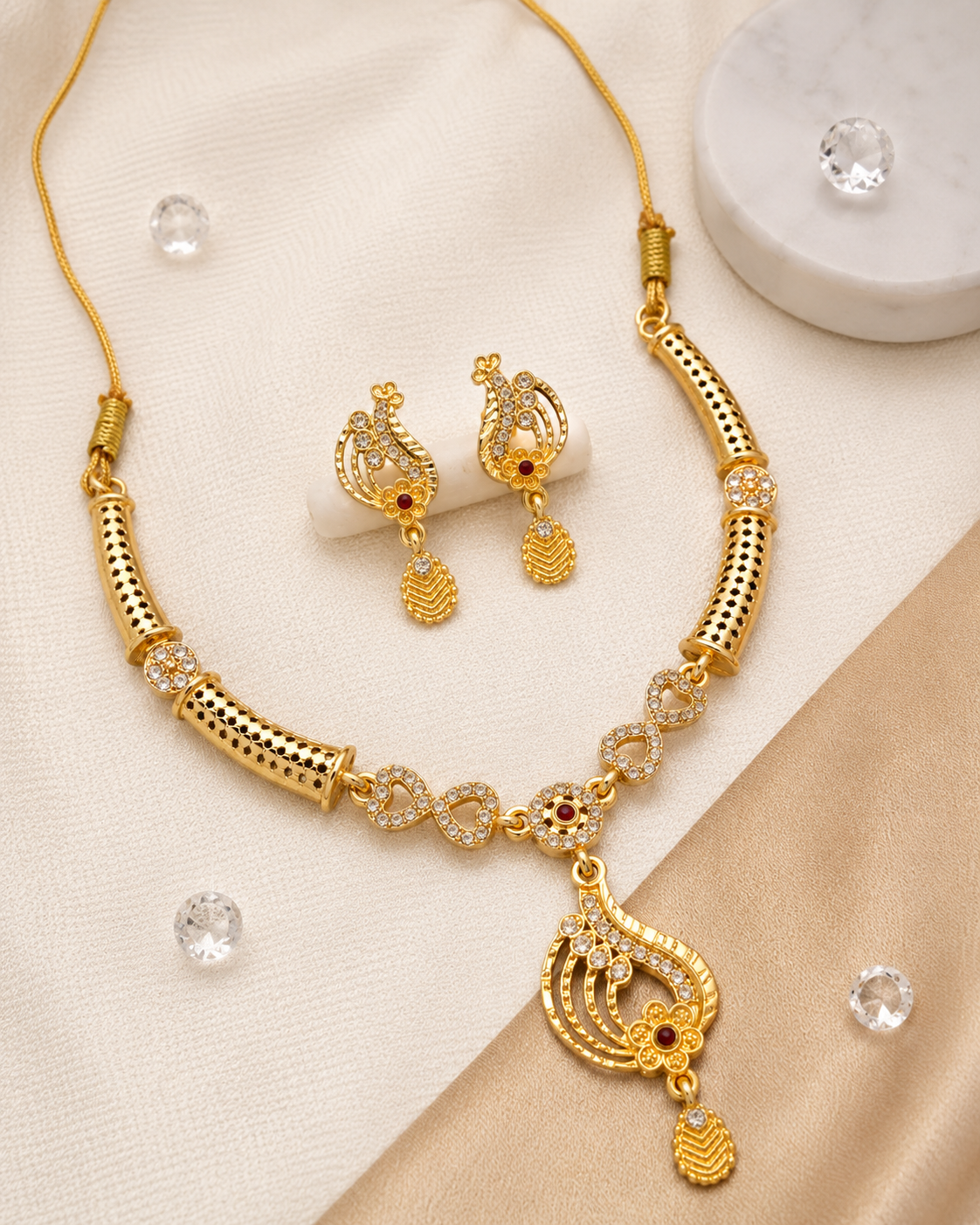 Elegant Gold-Plated CZ & Ruby-Accent Necklace Set with Matching Earrings