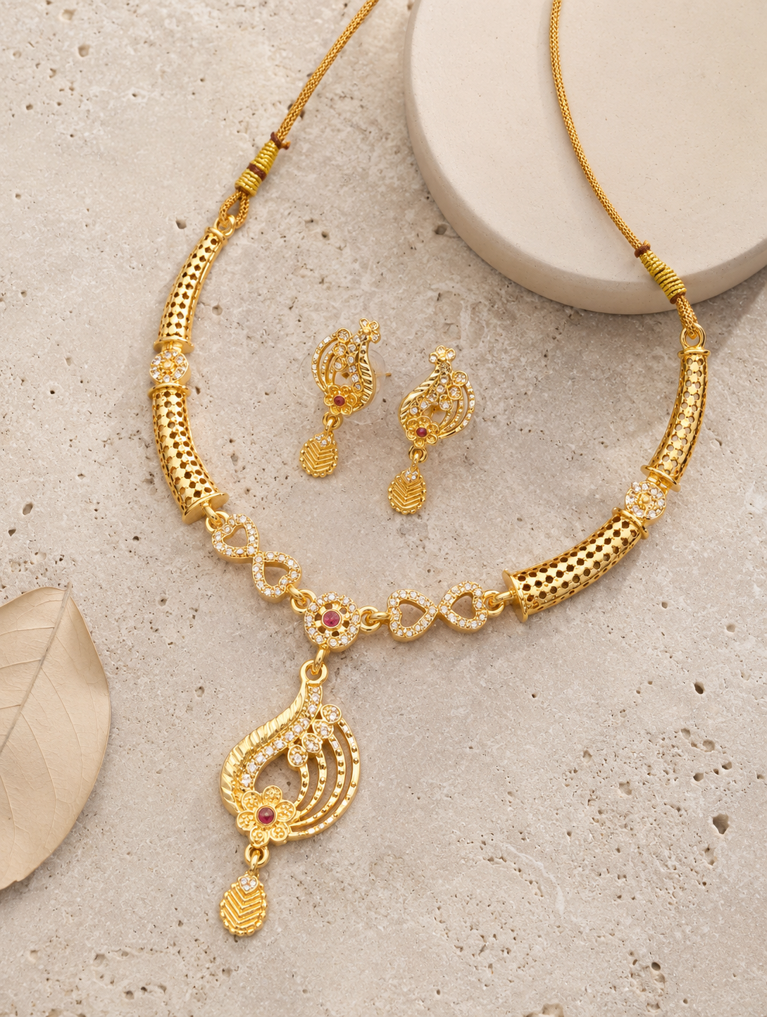 Elegant Gold-Plated CZ & Ruby-Accent Necklace Set with Matching Earrings