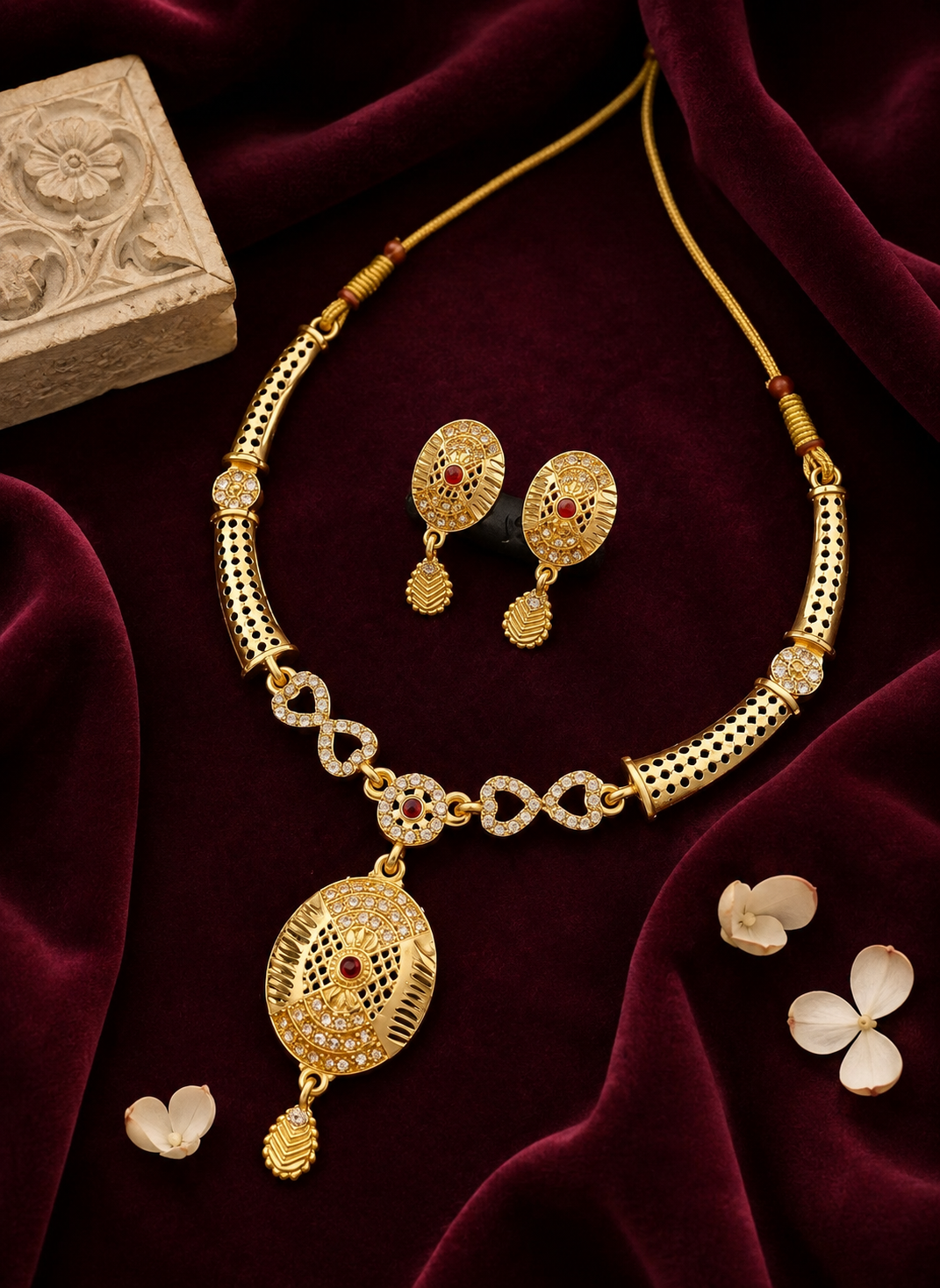 Royal Gold-Tone Necklace & Matching Earrings Set with Red Stone Detailing